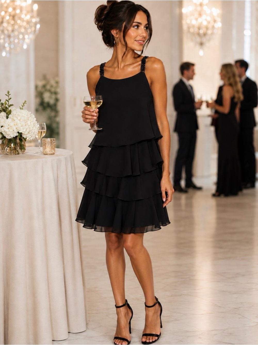 S.L. Fashions Women’s Black Tiered Cocktail Dress with Beaded Straps